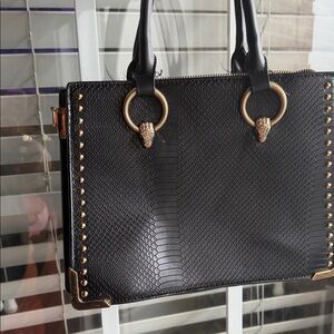 Aldo Black Snake-Patterned Tote with Gold Detailing